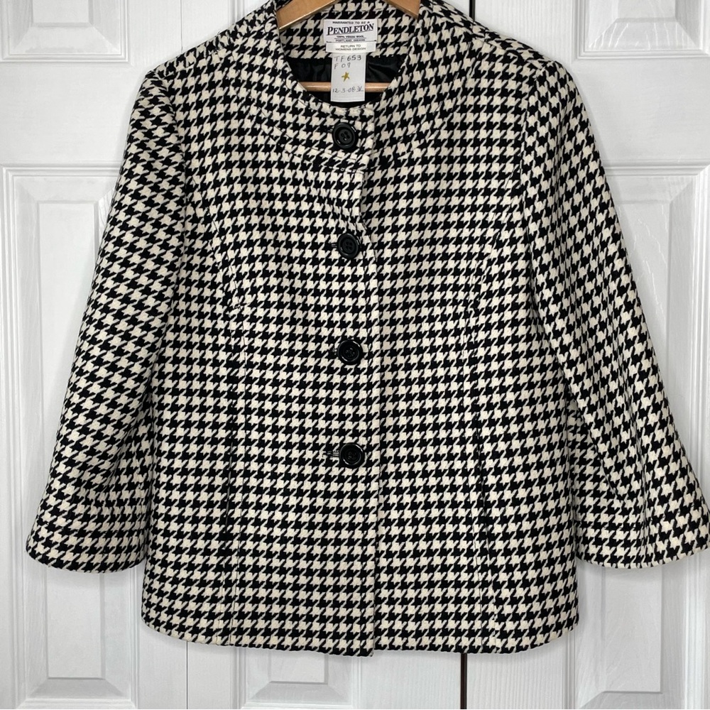 Rare‎ Women’s Pendleton Black & White Wool Houndstooth Jackie O Blazer Sz 6